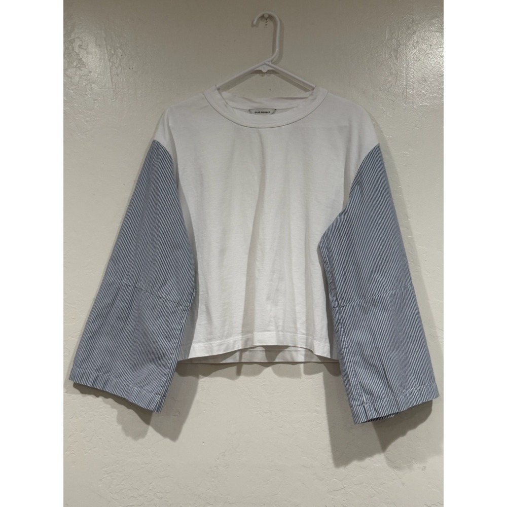 Club Monaco Mixed Media Pinstripe Sleeve Top White Blue Cotton XL - Picture 2 of 6